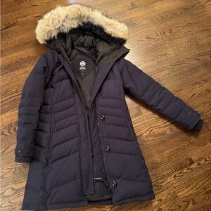 Canada Goose Dark Blue Puffer Coat with Fur Trim
